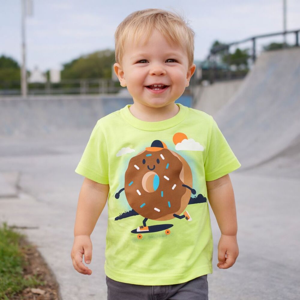 Children's Place Boys Shirt Doughnut Skateboard Graphic Tee Neon Green 18-24 M